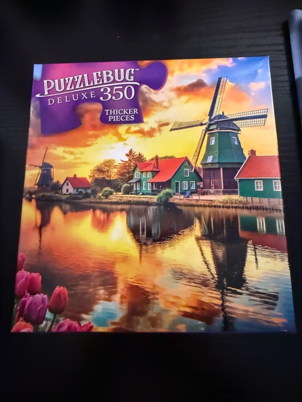 Deluxe 350-Piece Jigsaw Puzzle - Sunset Windmills (Green, Orange)
